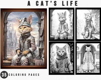 Dibujos de gatos en escala de grises para colorear / Estilo steampunk, libro para colorear para adultos (PDF imprimible)