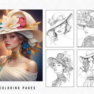 Könnte beinhalten: Ein Set mit 40 Malvorlagen, die Frauen mit verschiedenen Hüten mit Blumendesigns zeigen. Die Seiten sind Schwarzweiß-Zeichnungen.