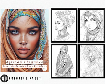 Libro para colorear en escala de grises "Elegancia africana" / Imprimible para adultos (PDF)
