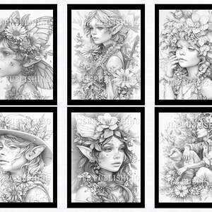 May include: Six black and white illustrations of fantasy characters with floral crowns and wings. The characters are drawn in a detailed style with intricate floral patterns.