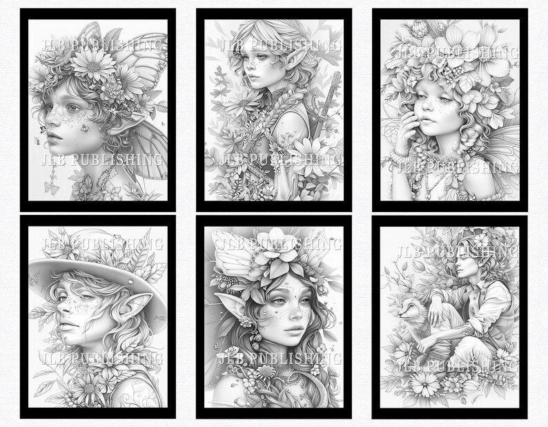 May include: Six black and white illustrations of fantasy characters with floral crowns and wings. The characters are drawn in a detailed style with intricate floral patterns.