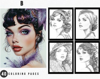 Dibujos para colorear de mujeres de la era del jazz en escala de grises / 40 diseños imprimibles (PDF)