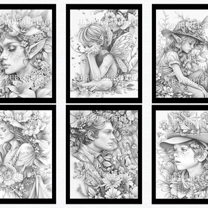 May include: Six black and white illustrations of people with floral details. The illustrations are in a whimsical style and feature a variety of flowers and plants. The people are all looking away from the viewer and have a dreamy expression on their faces.