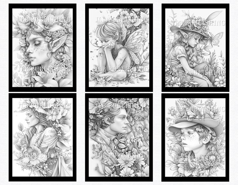 May include: Six black and white illustrations of people with floral details. The illustrations are in a whimsical style and feature a variety of flowers and plants. The people are all looking away from the viewer and have a dreamy expression on their faces.