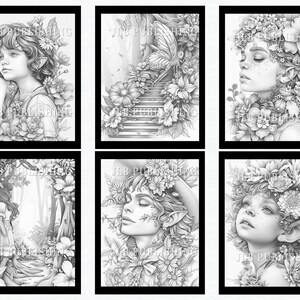 May include: Six black and white illustrations of women with floral crowns and other floral details. The women are all looking down or to the side. The illustrations are in a minimalist style.