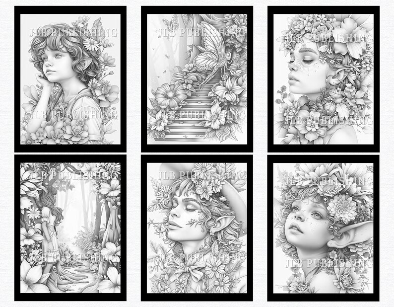 May include: Six black and white illustrations of women with floral crowns and other floral details. The women are all looking down or to the side. The illustrations are in a minimalist style.