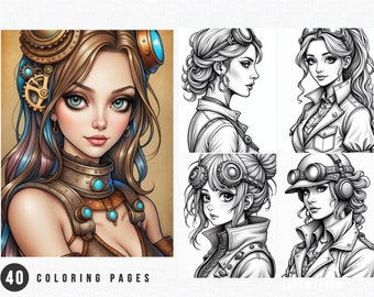 Steampunk Portrait Coloring Pages | 40 Grayscale Designs (Printable PDF)