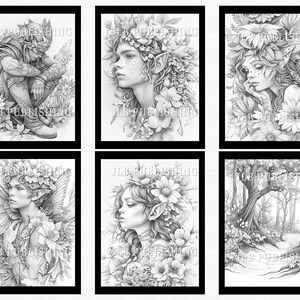 May include: Six black and white illustrations of fantasy creatures and nature scenes. The first three images feature fairies with intricate floral details and wings. The last three images feature a fairy with wings, a fairy with flowers in her hair, and a forest scene.