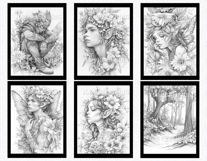 May include: Six black and white illustrations of fantasy creatures and nature scenes. The first three images feature fairies with intricate floral details and wings. The last three images feature a fairy with wings, a fairy with flowers in her hair, and a forest scene.