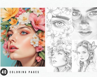 Dibujos para colorear de rostros hermosos / Libro imprimible de 40 páginas (PDF)