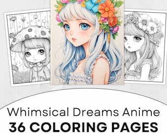 36 páginas para colorear de anime en escala de grises con temática de sueños caprichosos, libro para colorear relajante e imprimible, descarga instantánea en PDF.