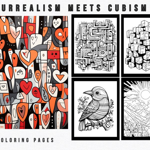 40 Surrealism Meets Cubism Coloring Pages | Adult Kid Coloring Book Download| Printable Page |Printable PDF file