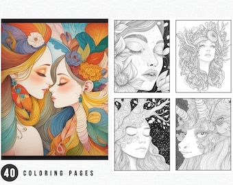 40 páginas de sueños del zodíaco en escala de grises / Libro para colorear para adultos / Página imprimible / Archivo PDF imprimible