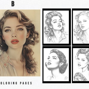 Könnte beinhalten: Ein Satz von vier Malvorlagen mit einer Frau mit verschiedenen Frisuren. Die Frau hat einen Vintage-Stil mit einer gewellten Frisur und einem schlichten Outfit. Die Malvorlagen sind in Schwarzweiß.