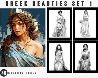 Grayscale Greek Beauties Coloring Pages | Adult Coloring Book (Printable PDF)