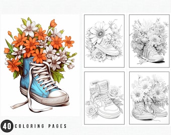 Dibujos para colorear de zapatillas deportivas con flores en escala de grises / Imprimibles para adultos (PDF)