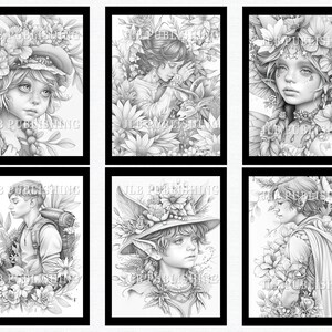 May include: Six black and white illustrations of people surrounded by flowers. The illustrations are in a whimsical style and feature a variety of flowers and plants.