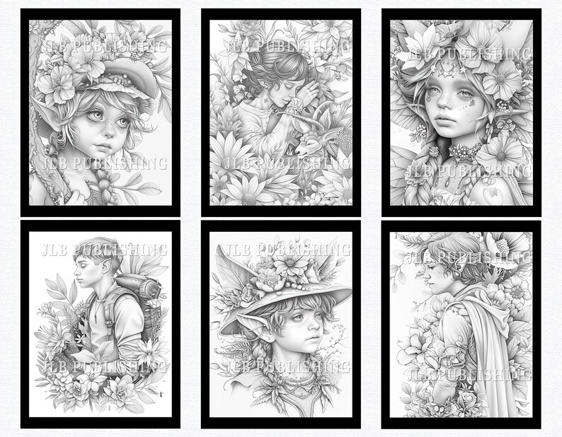 May include: Six black and white illustrations of people surrounded by flowers. The illustrations are in a whimsical style and feature a variety of flowers and plants.