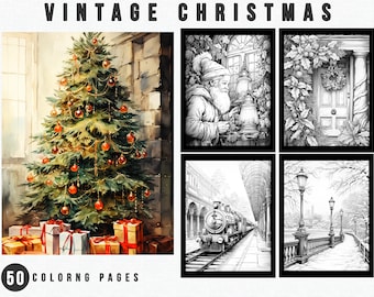50 Grayscale Vintage Christmas Coloring Pages | Printable Adult Coloring Book (PDF)
