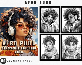 Libro para colorear Afro Punk / 50 páginas imprimibles en escala de grises (PDF)