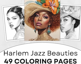 49 páginas para colorear de Harlem Jazz Beauties en escala de grises, libro para colorear relajante e imprimible, descarga instantánea en PDF.