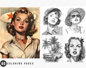 40 páginas para colorear de estilo retro americano en escala de grises / Libro para colorear para adultos / Página imprimible / Archivo PDF imprimible