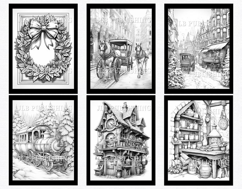 50 Grayscale Vintage Christmas Coloring Pages | Printable Adult ...