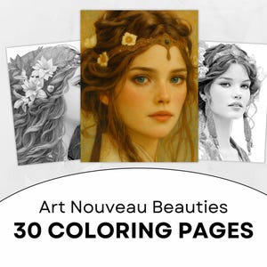 30 Art Nouveau Coloring Pages, Grayscale Beauties inspired by Mucha, Printable Adult Coloring Book, Elegant Women Portraits, Instant PDF