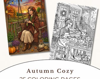 Herfstkleurplaten voor volwassenen, afdrukbaar herfstkleurboek, gezellige pompoenkleurplaten, oogstfeest, direct downloaden