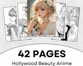 Dibujos para colorear de anime de belleza hollywoodiense / 42 diseños en escala de grises (PDF imprimible)