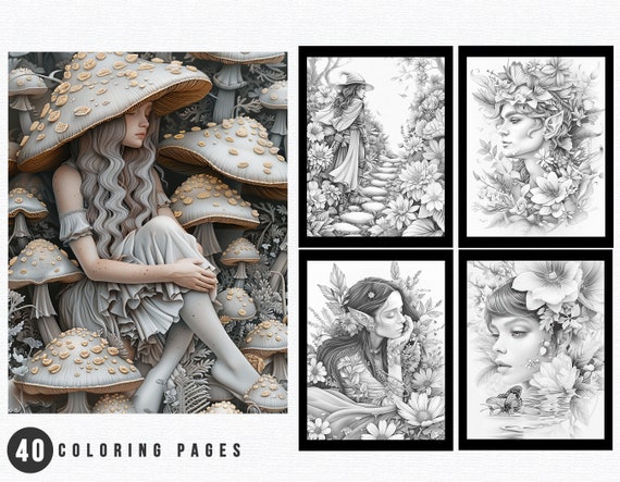 Enchanted Forest Coloring Pages | 40 Grayscale Illustrations (Printable PDF)