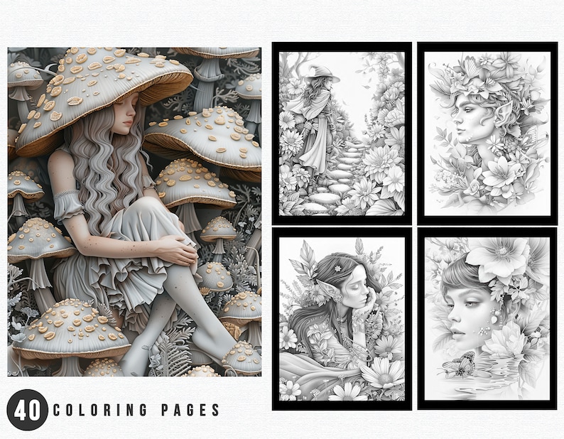 beautiful women,coloring book,colouring book,cute animals,digital printables,elf coloring,elves coloring,enchanted beings,forest creatures,grayscale women,instant download,printable coloring,whispering woods