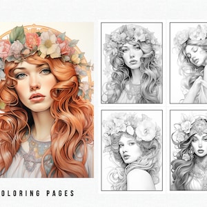 40 Grayscale Art Nouveau World Beauties Set 1 Coloring Pages | Adult Coloring Book Download| Printable Page |Stress Relief Art