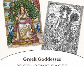 Griekse godin kleurplaten voor volwassenen, afdrukbare mythologie kleurboek, oude Griekse fantasie vrouwen lijntekeningen pdf
