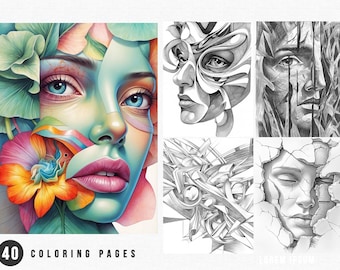 40 Grayscale Abstract Surrealism Coloring Pages | Adult Coloring Book| Printable Page |Stress Relief Art