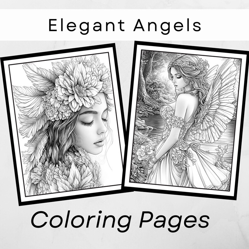 40 Elegant Angels Grayscale Coloring Page, Printable Portraits of ...