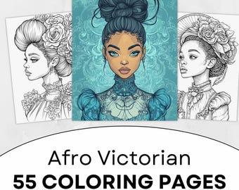 55 páginas para colorear en escala de grises de estilo afro-victoriano, retratos imprimibles de arte afro-victoriano, descarga instantánea en PDF.