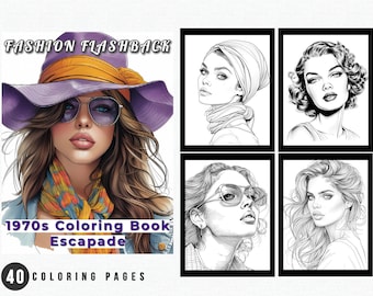 Libro para colorear de moda de los años 70 / Páginas para colorear para adultos en escala de grises (PDF)