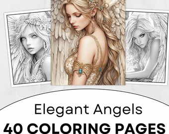 40 Elegant Angels Grayscale Coloring Page, Printable Portraits of Beautiful Women, Fantasy Art, Instant Download, Detailed Designs
