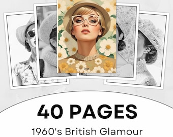 40 páginas para colorear en escala de grises del glamour británico de los años 60 / Libro para colorear para adultos / Página imprimible / Archivo PDF imprimible