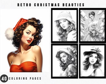 Dibujos para colorear de bellezas navideñas retro / 40 ilustraciones en escala de grises (PDF imprimible)