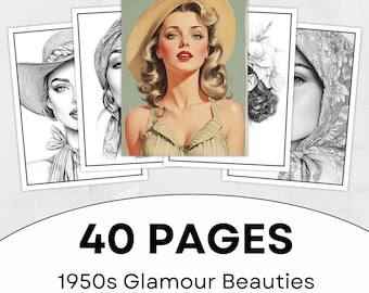 Libro para colorear de chicas glamurosas de los años 50 / 40 páginas en escala de grises (PDF imprimible)
