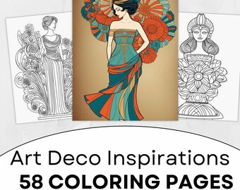 58 páginas para colorear en escala de grises con inspiración Art Déco, arte imprimible, descarga instantánea en PDF.