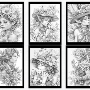 May include: Six black and white illustrations of fantasy creatures with floral headwear. Each creature has pointed ears and is surrounded by flowers and leaves.