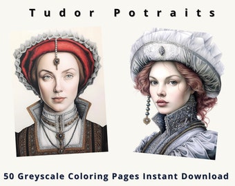 Libro para colorear con retratos de la época Tudor / 50 páginas en escala de grises (PDF imprimible)