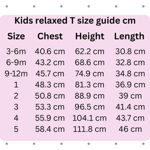 May include: A pink rectangular chart with the text "Kids relaxed T size guide cm." The chart lists sizes from 3-6 months to size 5, with chest, height, and length measurements in centimeters.