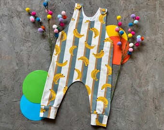 Kids long leg romper, Banana print baby dungarees, unisex childrens clothing. Baby and kids gift.