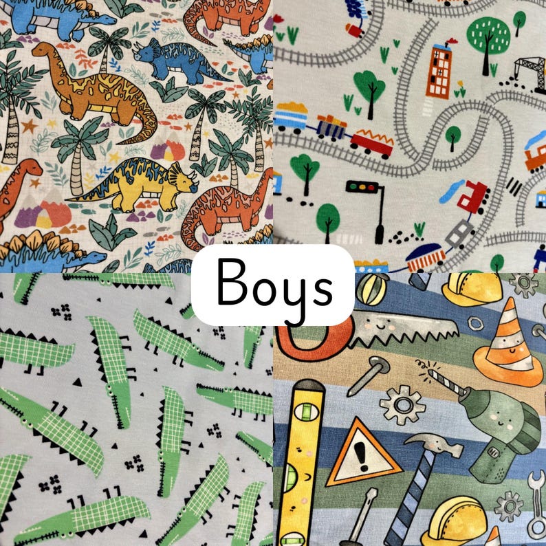 May include: A collage of four fabric patterns, each with a different theme. One features dinosaurs, another trains on tracks, a third alligators, and the last construction tools. The word "Boys" is in a white rounded rectangle.