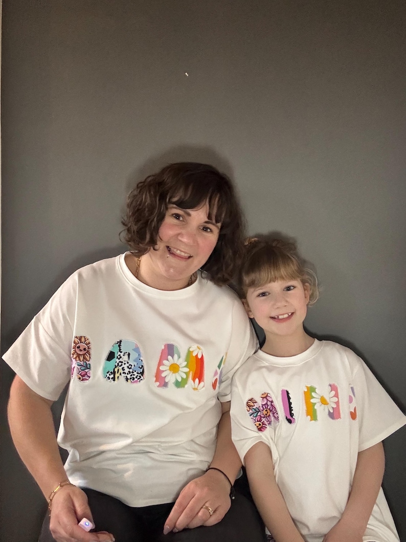 Matching MAMA and MINI relaxed fit T-shirt set. Appliqué and embroidered lettering. Womens, baby and kids T-shirt. Mother’s Day gift. image 2