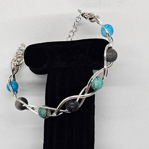 Blue, Gray and Silver braided wire wrapped bangle bracelet